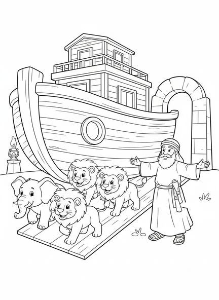 Paires d'animaux montant à bord de l'arche, page à colorier sur la confiance pour les enfants de l'École du dimanche âgés de 5 à 12 ans