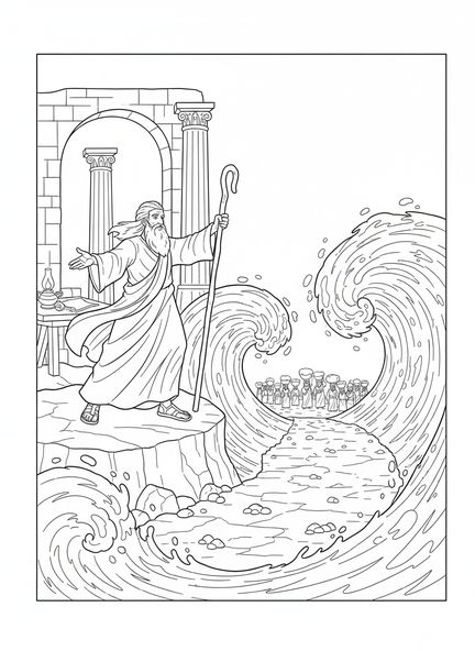 Moisés separando el mar, página para colorear de VBS Egipto Antiguo para niños de Escuela Dominical de 5 a 12 años.