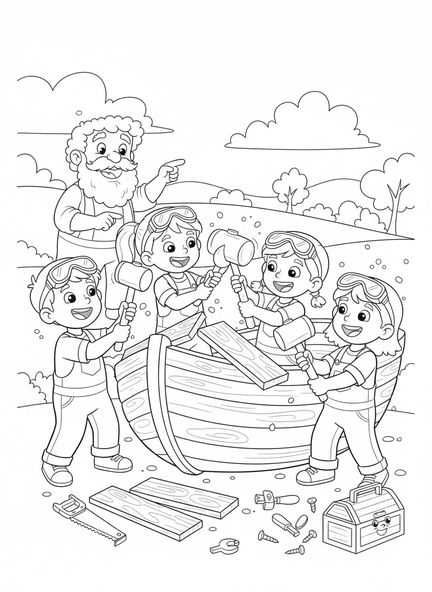 Groupe d'enfants construisant une arche, page à colorier École du dimanche Breaker Rock Beach pour les enfants de 5 à 10 ans.