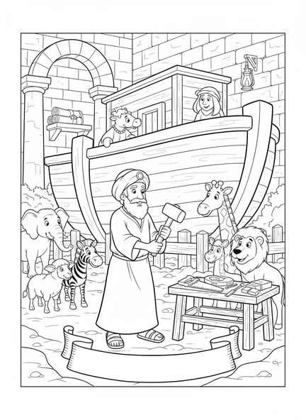 Noé construisant l'arche, page à colorier de la plage VBS Breaker Rock pour les enfants de l'École du dimanche âgés de 5 à 12 ans.