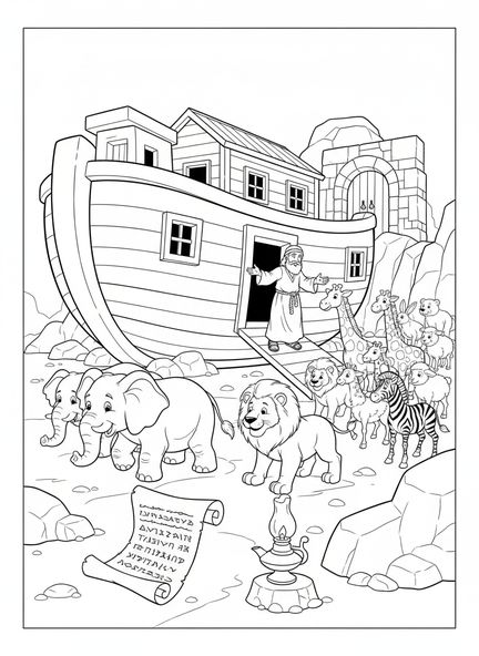 Pareja de elefantes y leones acercándose al arca, página para colorear de VBS Builders Grace para niños de la Escuela Dominical de 5 a 12 años.