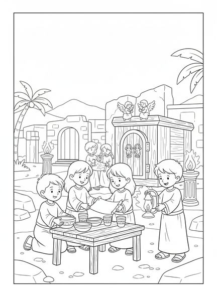 Enfants installant un camp, page à colorier pour l'École du dimanche pour les enfants de 5 à 12 ans