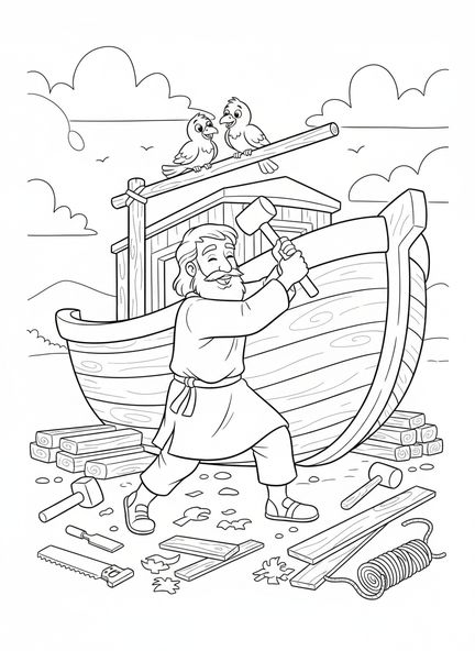 Noé en train de clouer des planches, page de coloriage École du dimanche Cokesbury pour enfants de 5 à 10 ans