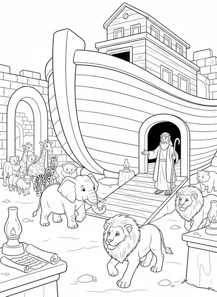 Des paires d'animaux entrant dans l'arche, page à colorier VBS Cokesbury pour les enfants de l'École du dimanche âgés de 5 à 12 ans.