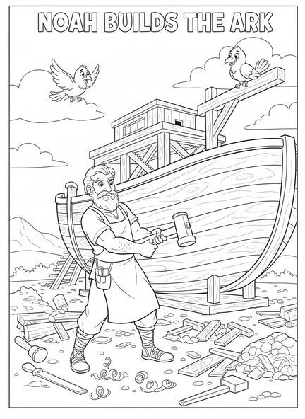 Noé en train de clouer des planches, page à colorier pour l'École du dimanche pour les enfants de 5 à 10 ans