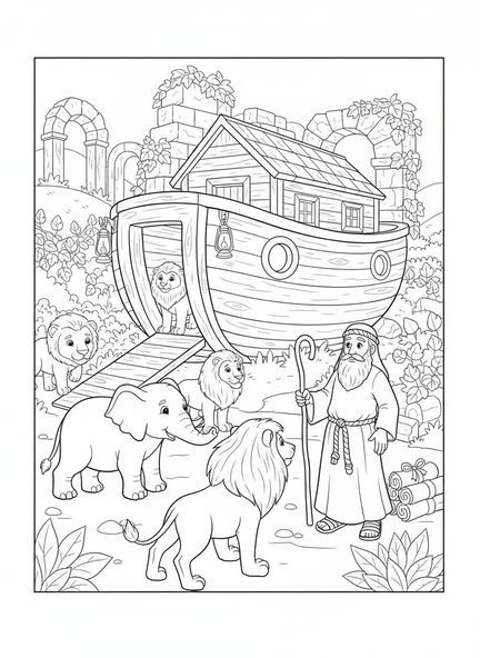 Paires d'animaux montant à bord de l'arche, page de coloriage d'artisanat pour l'École du dimanche enfants de 5 à 12 ans