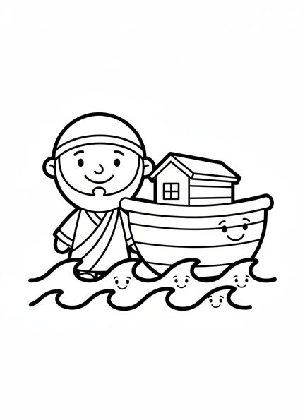Noé sorridente com a arca de madeira, página para colorir da EBD Fundo do Mar para crianças de 3 a 5 anos