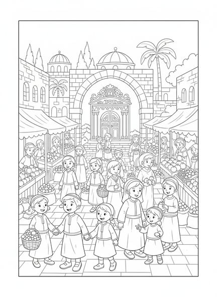 Escena del mercado, página para colorear del Mercado de Jerusalén para VBS, niños de 5 a 10 años