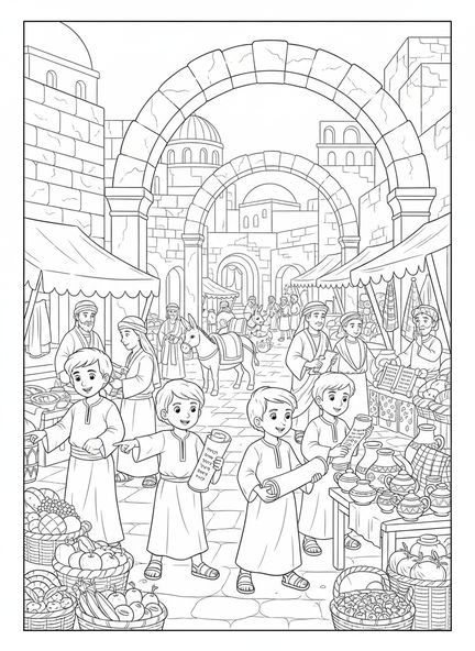 Kinder erkunden, Ausmalbild vom Markt in Jerusalem für Sonntagsschule Kinder im Alter von 5-12 Jahren