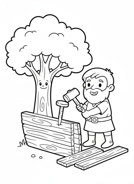 Noé martillando tablones, página para colorear de VBS Guardianes del Reino para niños de 3 a 5 años