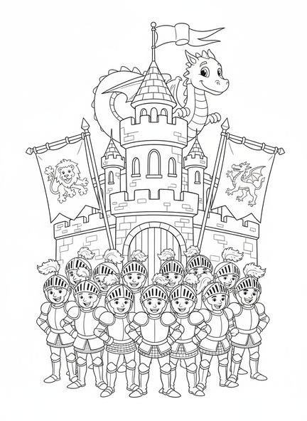 Groupe de chevaliers joyeux, page à colorier Château des Chevaliers pour enfants de 5 à 10 ans