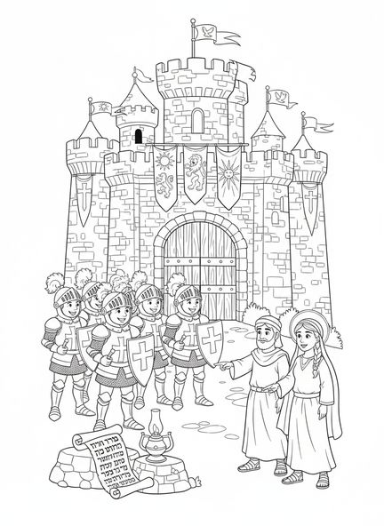 Grupo de cavaleiros alegres, página de colorir do Castelo dos Cavaleiros para crianças da EBD de 5 a 12 anos.