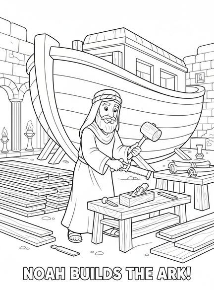 Noah baut die Arche, Ausmalbild für die Sonntagsschule für Kinder im Alter von 5-12 Jahren.