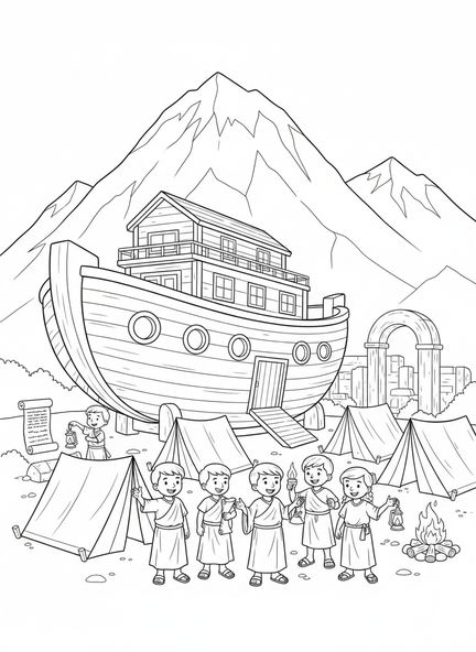 Groupe d'enfants en camping, page à colorier VBS Mont Everest pour les enfants de l'École du dimanche âgés de 5 à 12 ans.