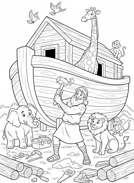 Noé construyendo el arca, página para colorear de VBS Isla Misteriosa para niños de 5 a 10 años