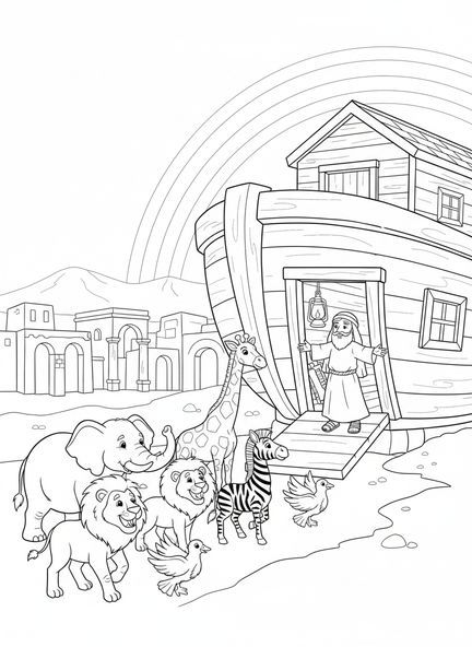 Des paires d'animaux s'approchant de l'arche, page à colorier de l'île mystérieuse pour les enfants de l'École du dimanche âgés de 5 à 12 ans.