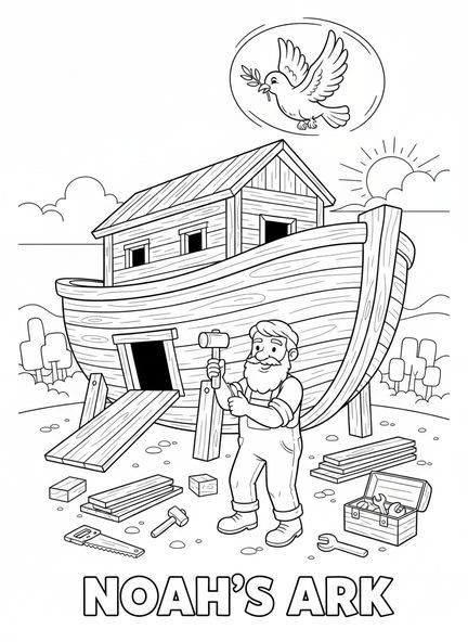 Noah mit Werkzeugen, Ausmalbild für die Ferienbibelwoche für Kinder im Alter von 5-10 Jahren