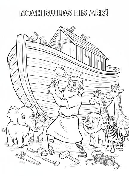 Noah, der Planken zusammenhämmern, Ausmalbild für die Sonntagsschule über die Arche Noah für Kinder im Alter von 5-10 Jahren
