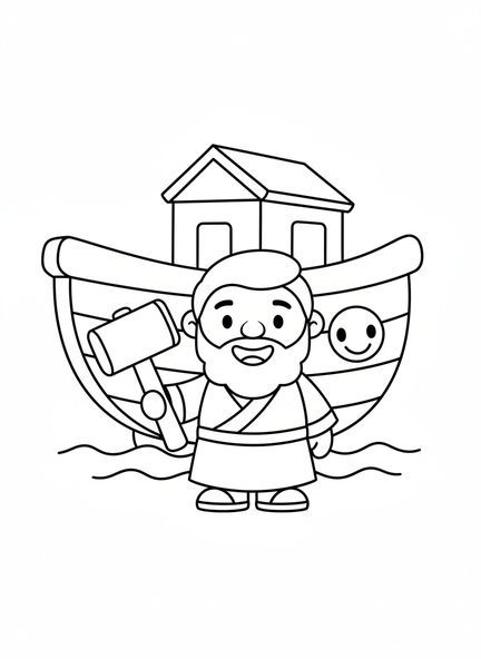 Lächelnder Noah mit Hammer, Ausmalbild für die Sonntagsschule über die Rocky Railway für Vorschulkinder im Alter von 3-5 Jahren