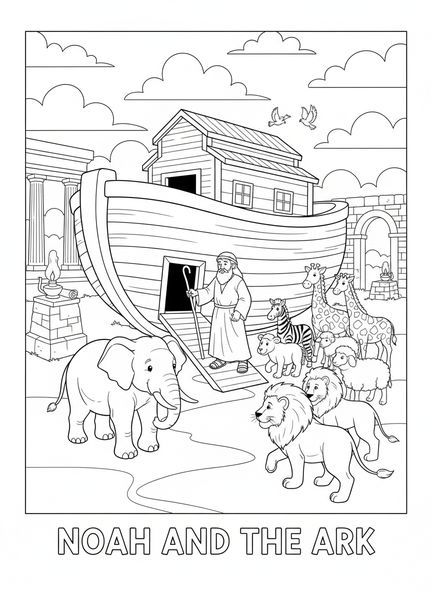 Tierpaare, die in die Arche einsteigen, Ausmalbild für die Sonntagsschule für Kinder im Alter von 5-12 Jahren.