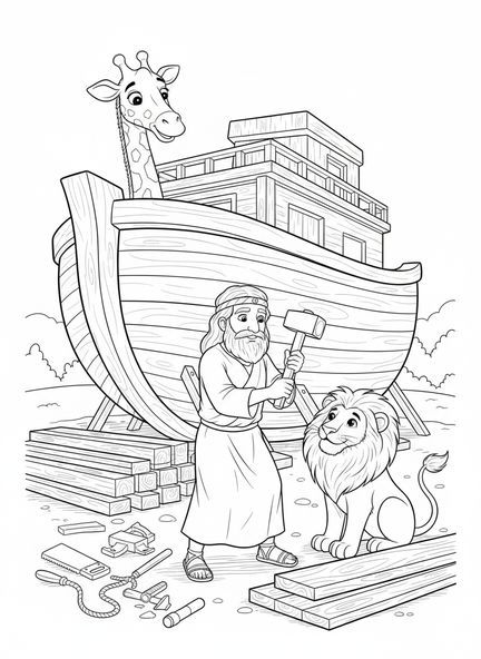 Noé construisant une arche, page à colorier sur le thème de l'École du dimanche pour les enfants de 5 à 10 ans