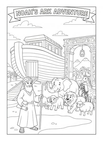 Des paires d'éléphants et de lions montent à bord de l'arche, page à colorier sur le thème de l'École du dimanche pour les enfants de 5 à 12 ans.