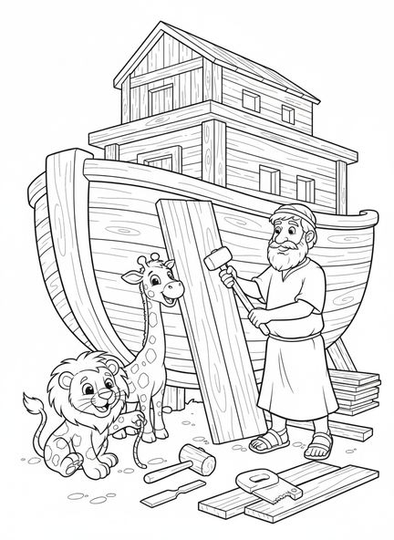 Noah baut die Arche, Ausmalbild für die Sonntagsschule für Kinder im Alter von 5-10 Jahren.