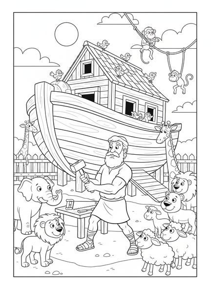 Noé construisant l'arche, page à colorier École du dimanche pour enfants de 5 à 10 ans