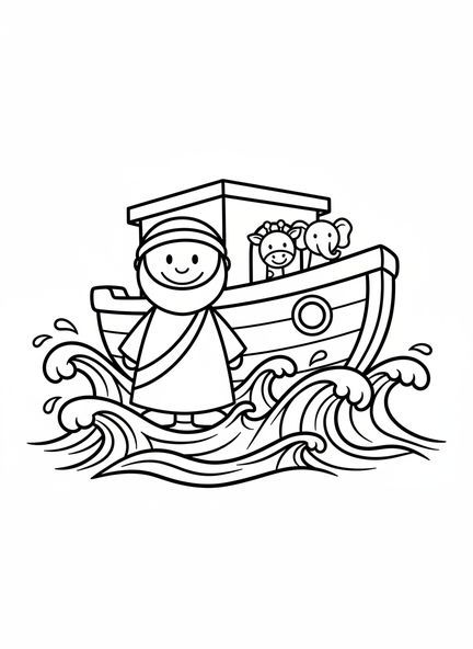 Noé souriant avec l'arche, page à colorier École du dimanche pour les enfants de 3 à 5 ans