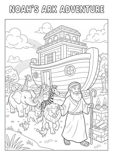 Des paires d'animaux s'approchant de l'arche, page à colorier VBS Twists Turns pour les enfants de l'École du dimanche âgés de 5 à 12 ans