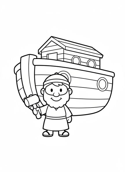 Noé sorridente com martelo, página para colorir do VBS Zoomerang para crianças de 3 a 5 anos.