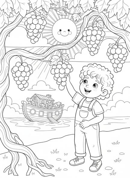 Enfant cueillant des raisins, page à colorier Biblique sur les raisins pour les enfants de 5 à 10 ans