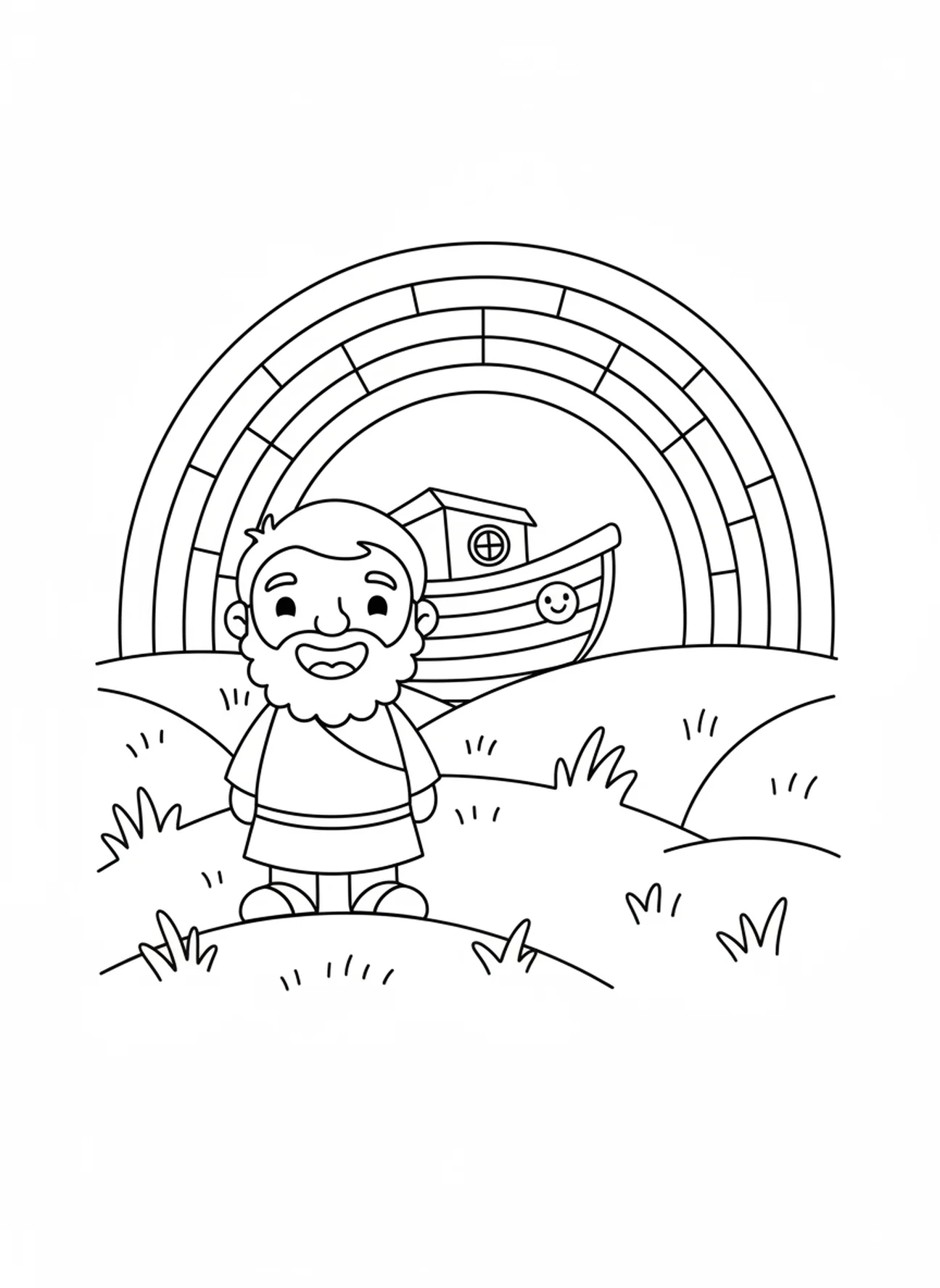 Arc-en-ciel au-dessus de Noé, page de coloriage religieuse pour le calendrier de l'Avent pour les enfants de 3 à 5 ans