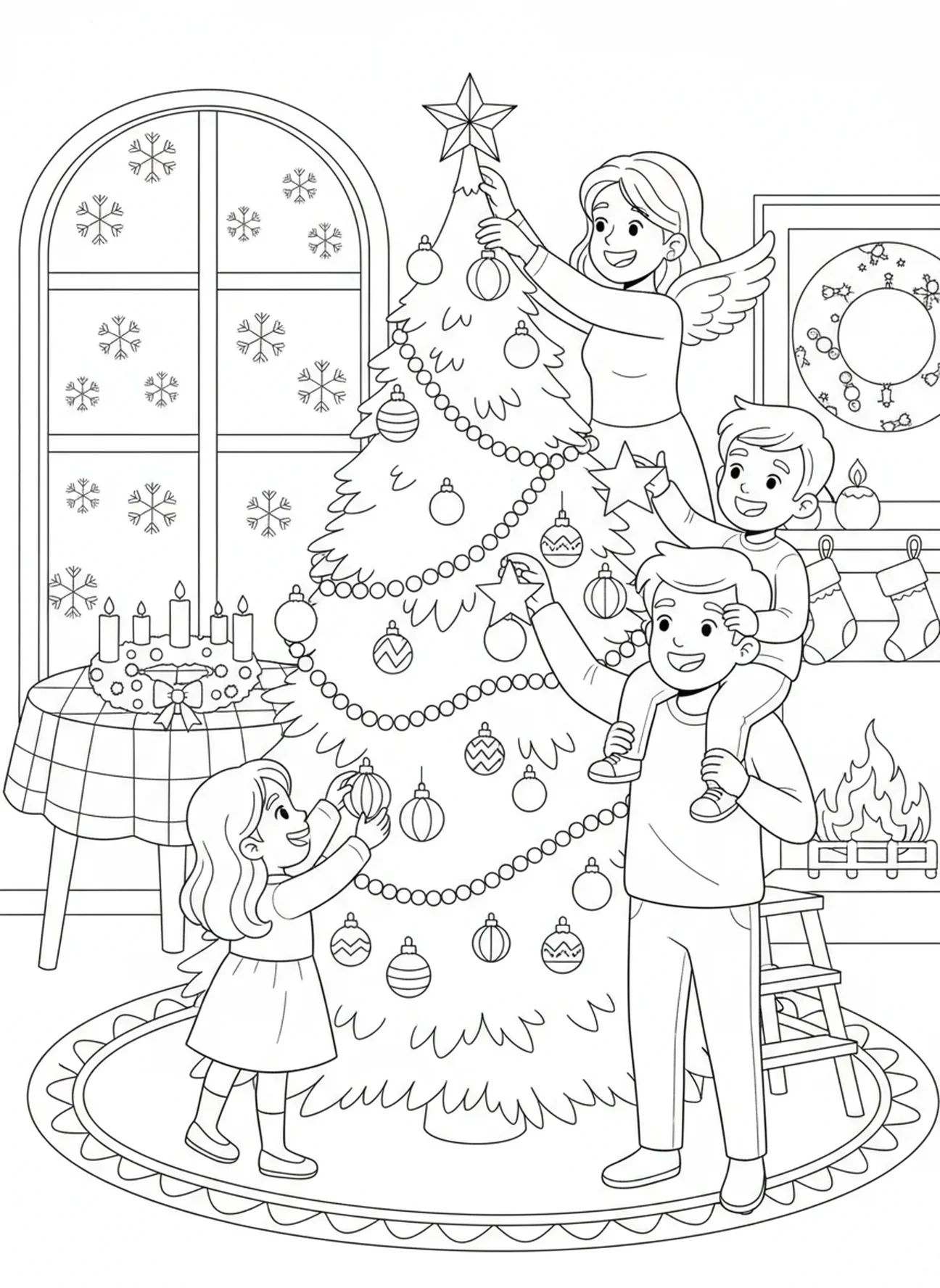 Famille décorant le sapin de Noël, page à colorier de la Semaine 1 de l'Avent pour les enfants de 5 à 10 ans.