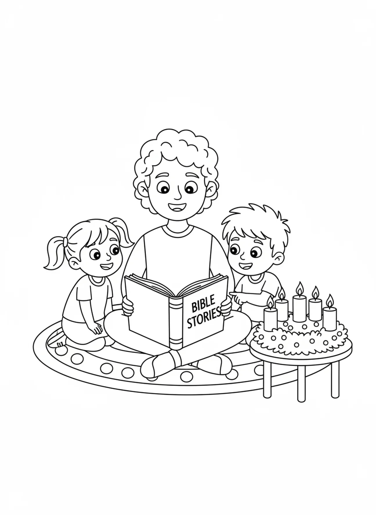Parent lisant une histoire biblique, page à colorier de la Semaine 1 de la bougie de l'Avent pour les enfants de 5 à 10 ans.
