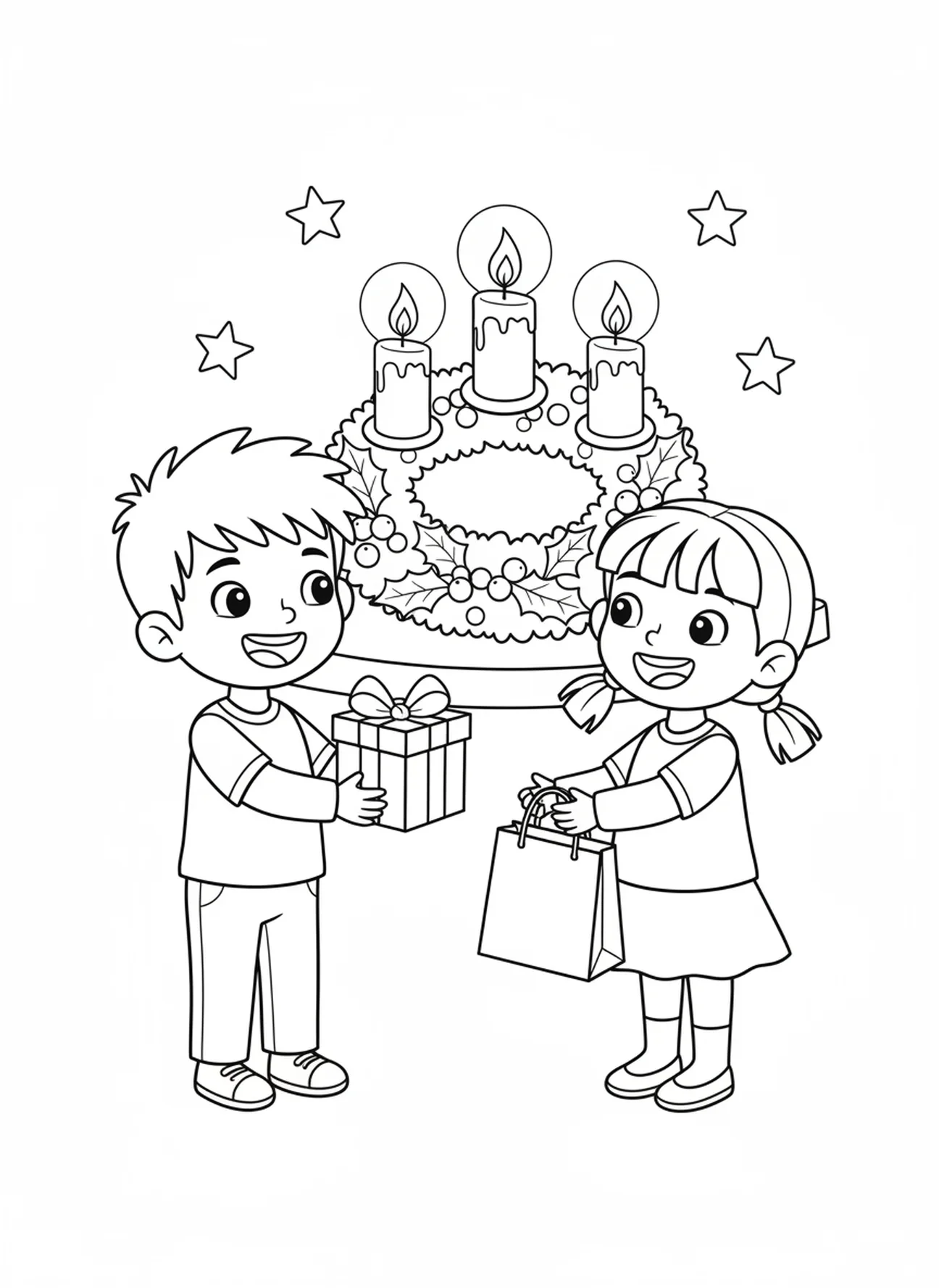 Enfants partageant des cadeaux, page à colorier de la Semaine 1 de l'Avent pour les enfants de 5 à 10 ans.