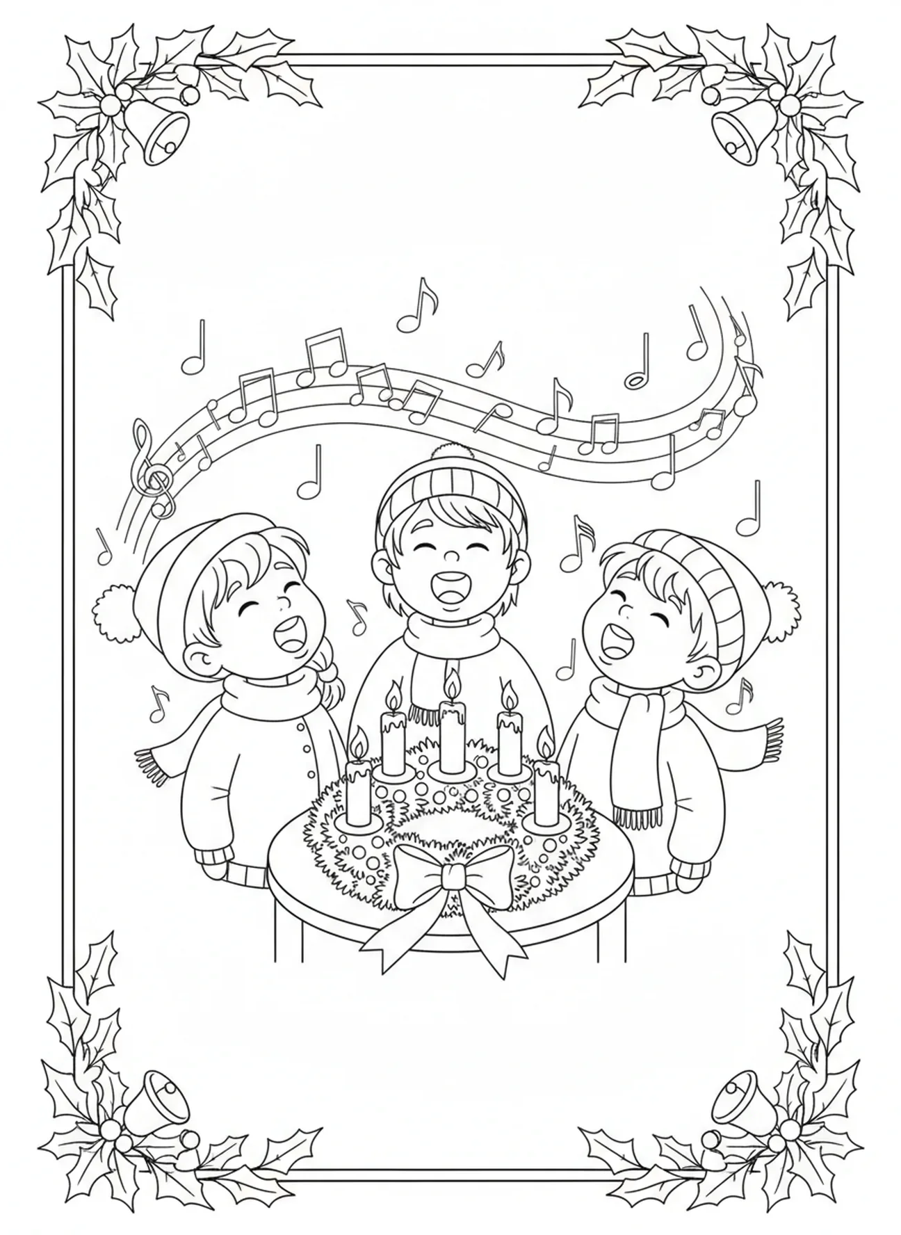 Enfants chantant des cantiques de Noël, page à colorier de la semaine 1 de l'Avent pour les enfants de 5 à 10 ans.