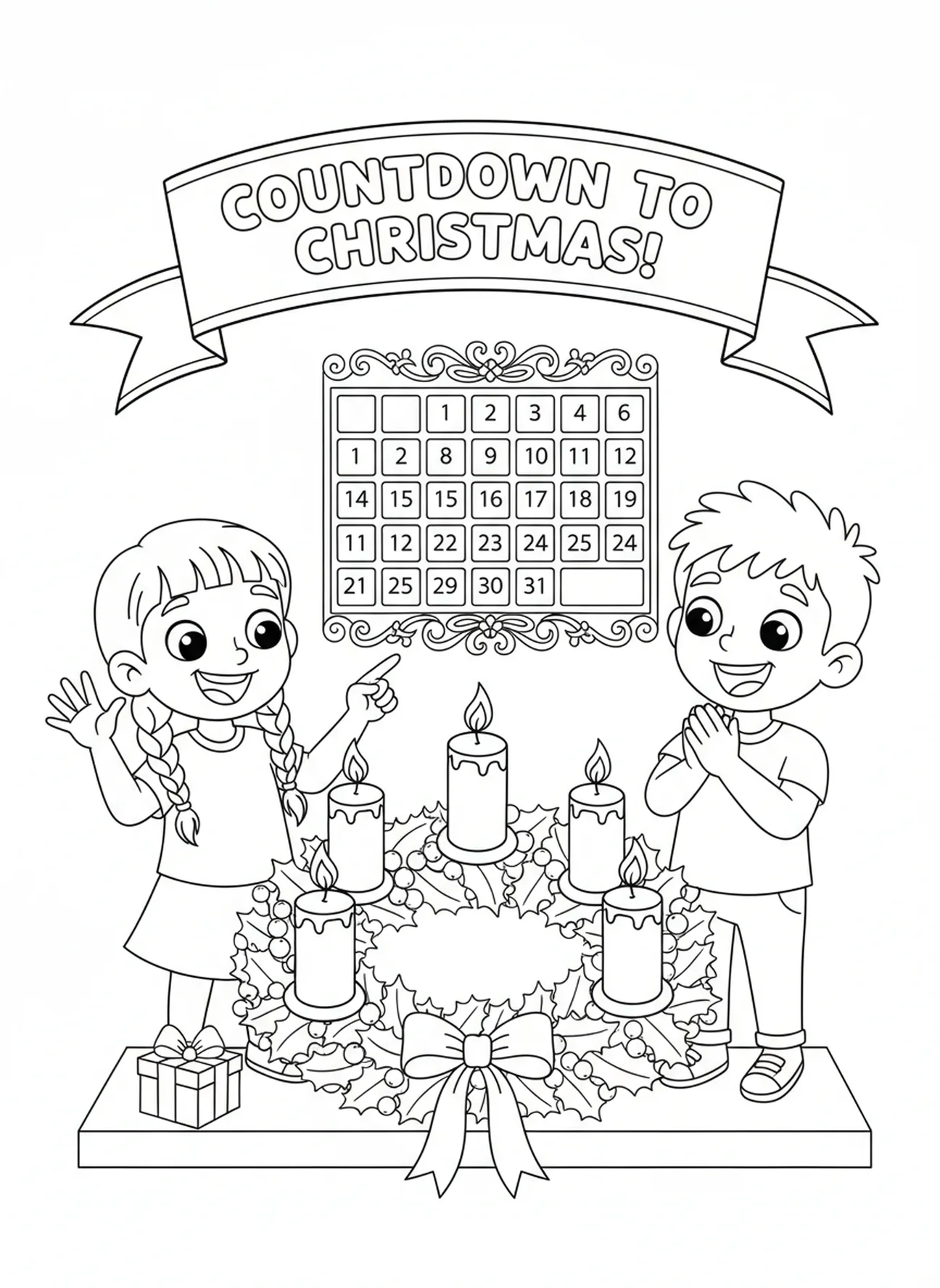 Enfants attendant Noël, page à colorier de la Semaine 1 de la bougie de l'Avent pour les enfants de 5 à 10 ans.