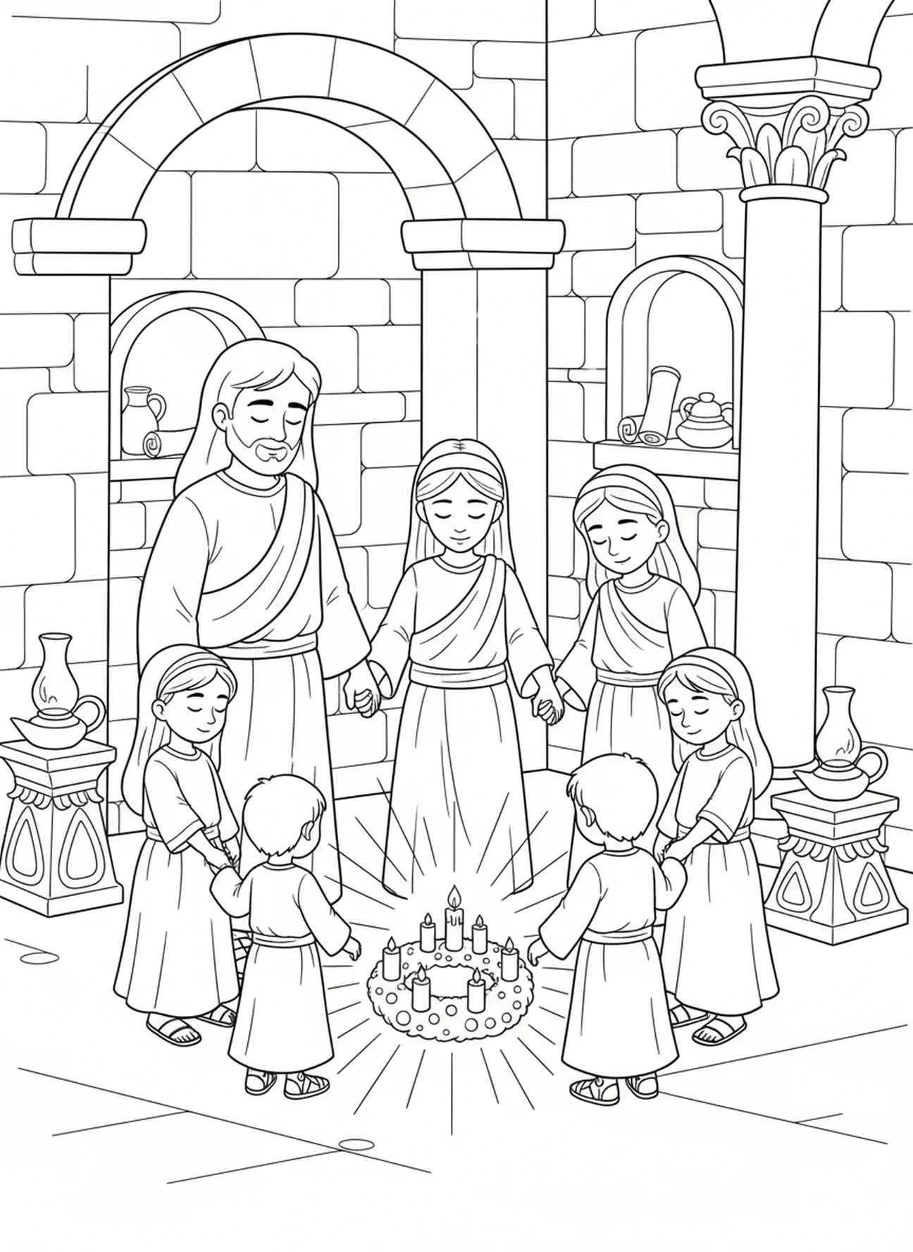 Família em oração ao redor da vela do Advento, página para colorir da Semana 1 do Advento para crianças da Escola Dominical de 5 a 12 anos.