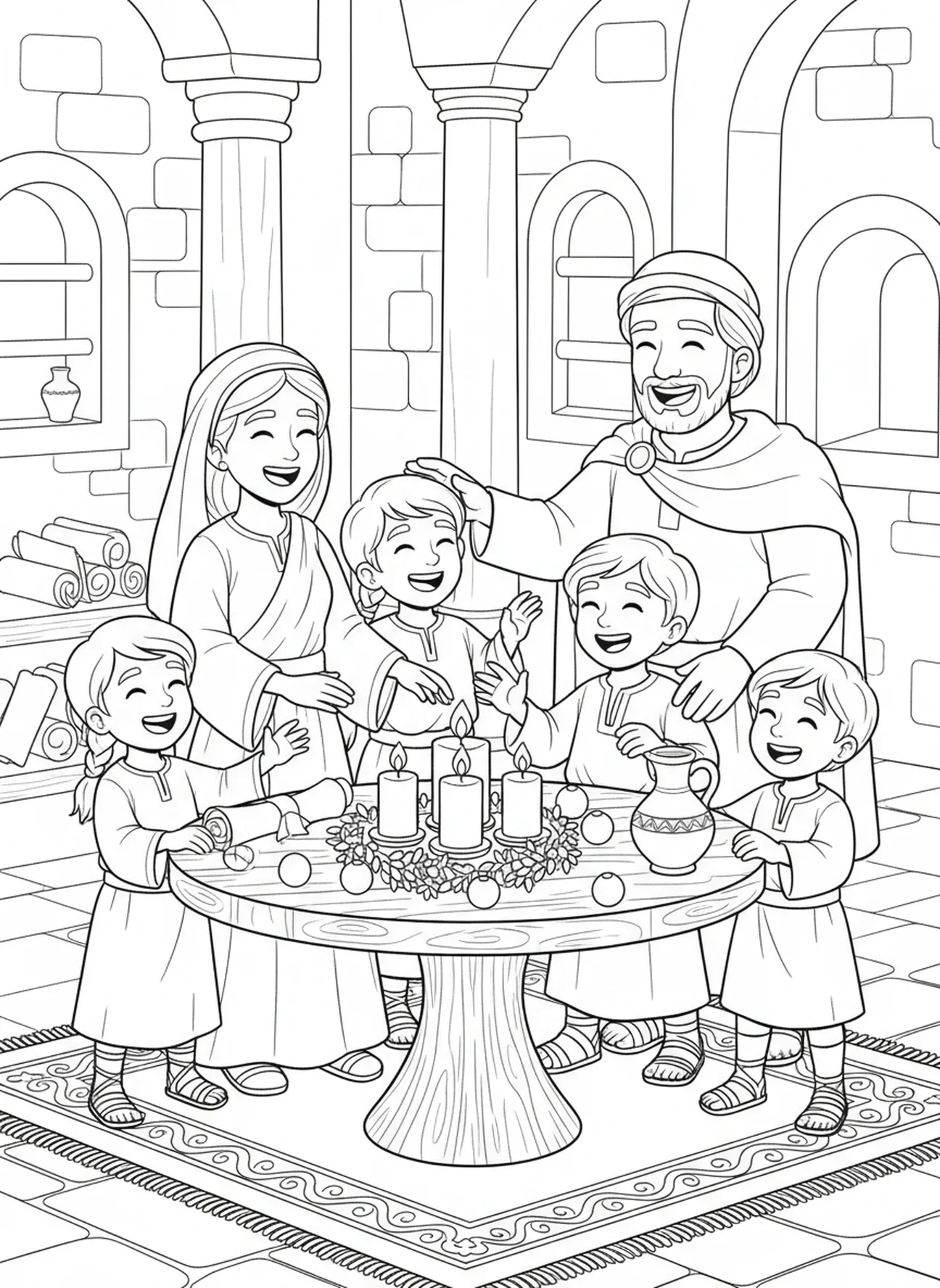 Família reunida em torno das velas do Advento, página para colorir da Semana 1 do Advento para crianças da Escola Dominical de 5 a 12 anos.
