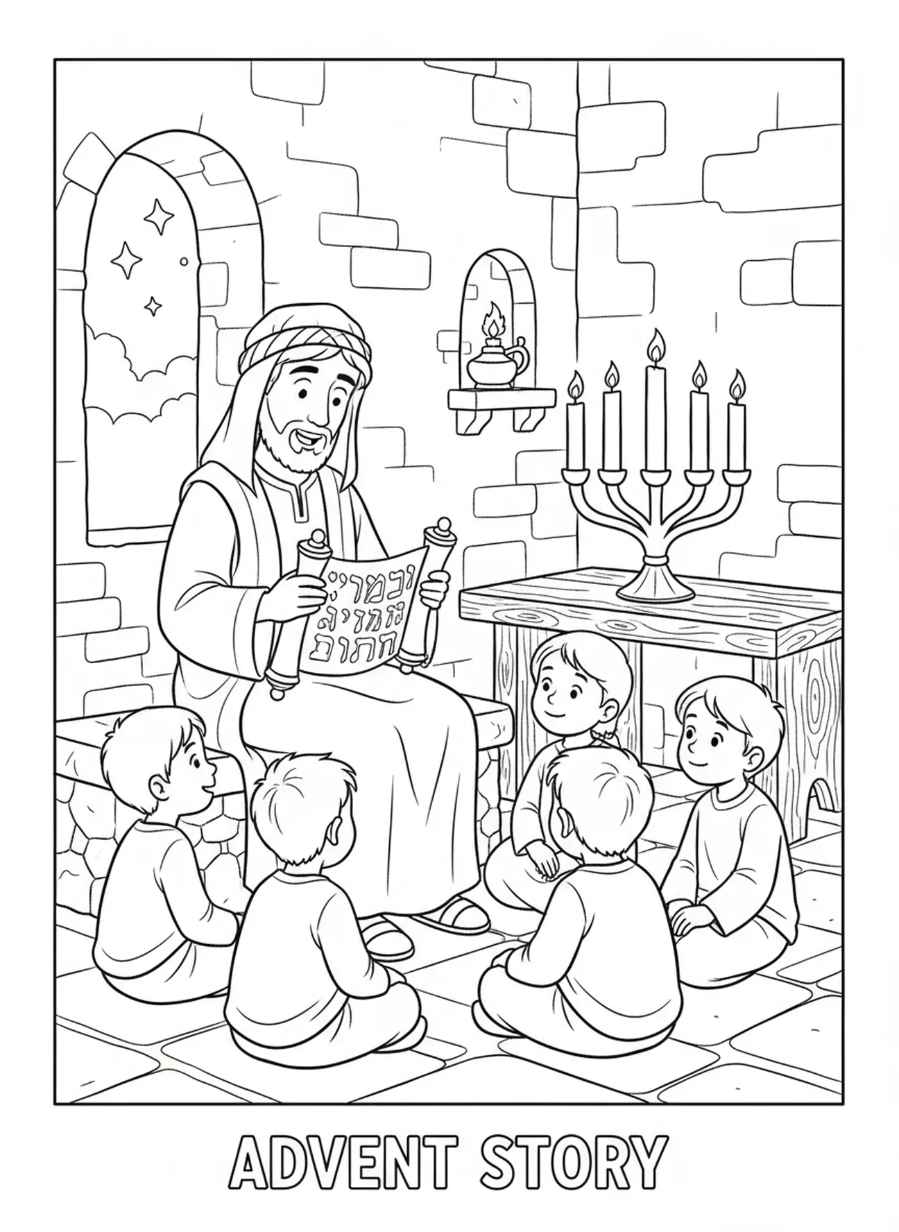 Pais lendo a escritura para crianças, página de colorir da Semana 1 da Candeia do Advento para crianças da Escola Dominical de 5 a 12 anos.