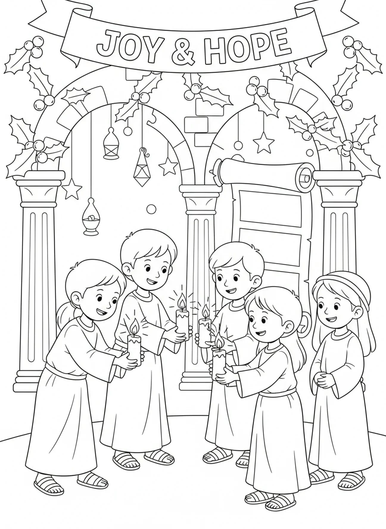 Crianças passando a luz da vela do Advento, página de colorir da Semana 1 da Vela do Advento para crianças da Escola Dominical de 5 a 12 anos.