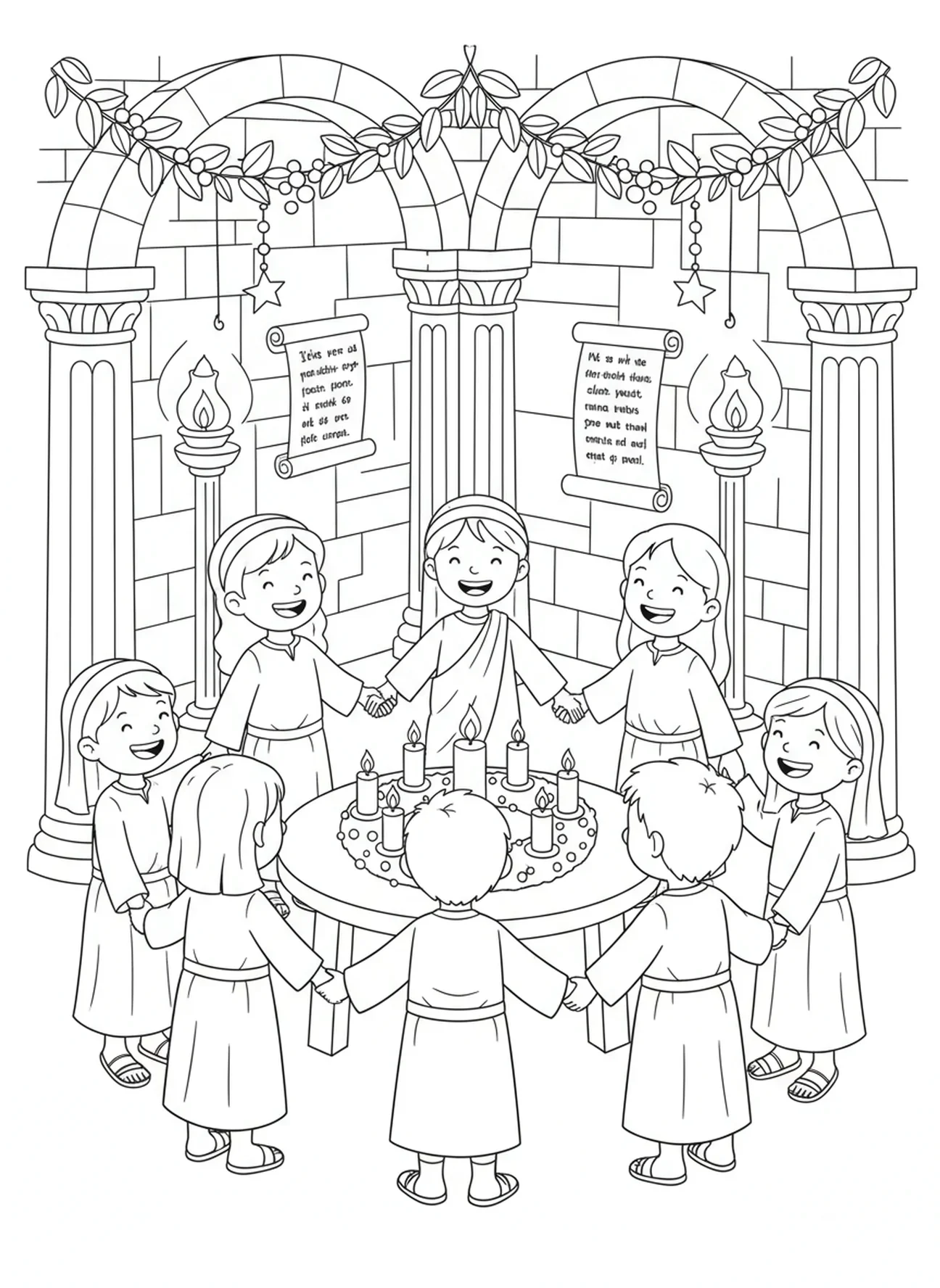 Crianças cantando ao redor da vela do Advento, página para colorir da Semana 1 do Advento para crianças da Escola Dominical de 5 a 12 anos.