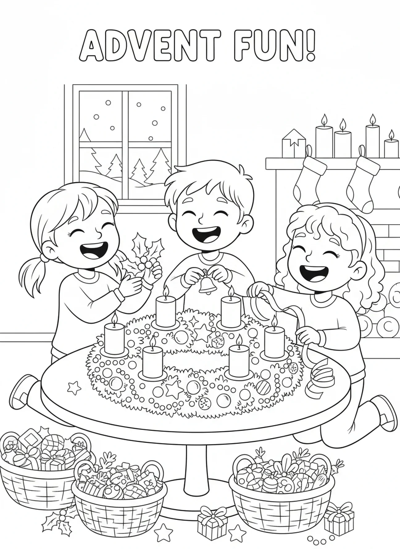 Kinder schmücken den Adventskranz, Ausmalbild für die 2. Adventskerze für Kinder im Alter von 5-10 Jahren.