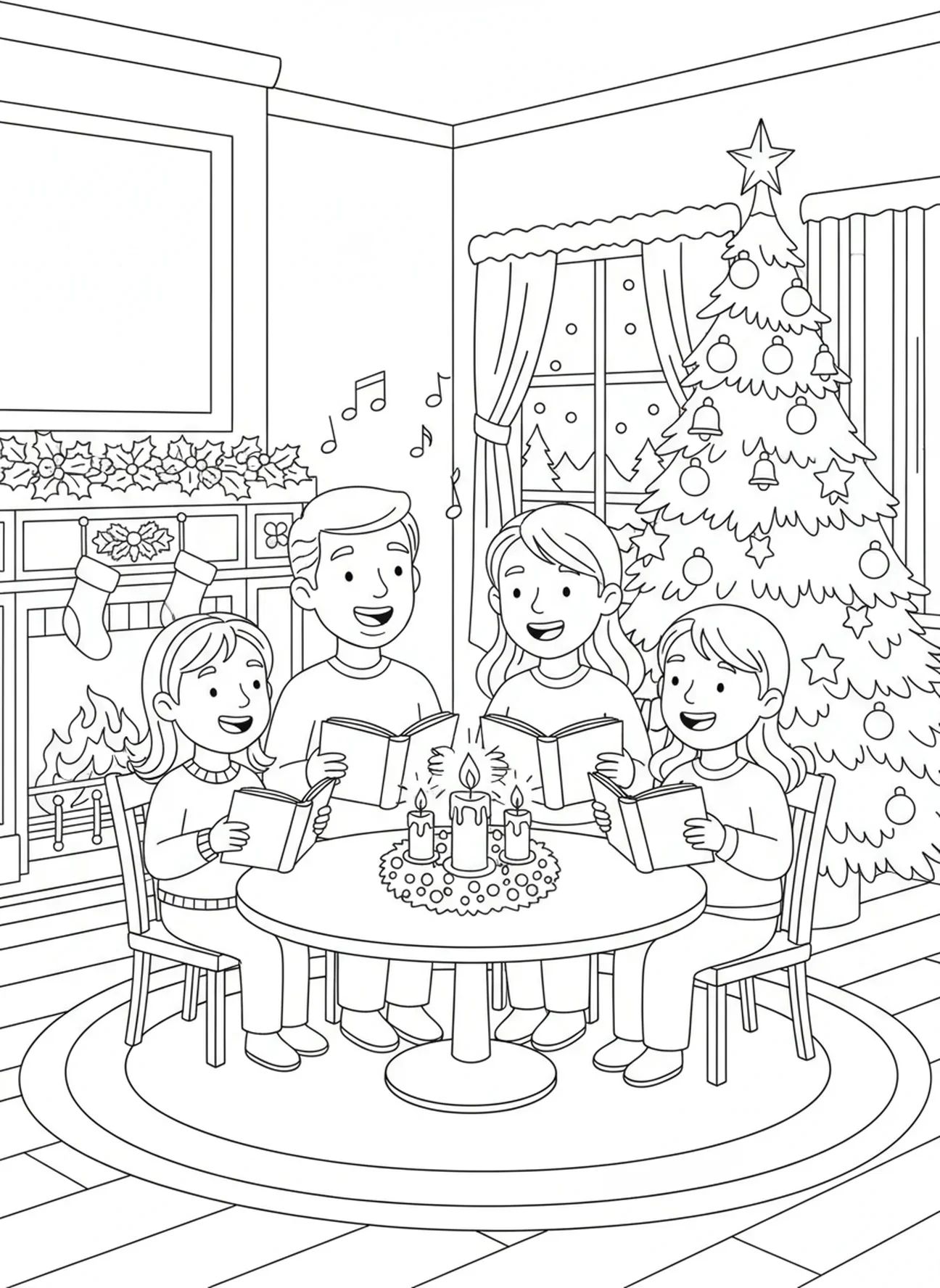 Familie feiert den Advent am Adventskranz, Ausmalbild für Kinder im Alter von 5-10 Jahren zur 2. Adventskerze.