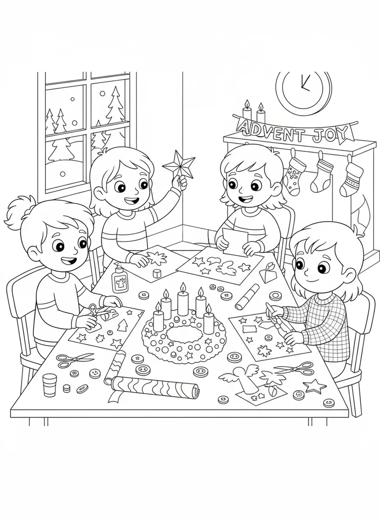 Kinder basteln Adventsdeko, Ausmalbild für die 2. Adventskerze für Kinder im Alter von 5-10 Jahren.