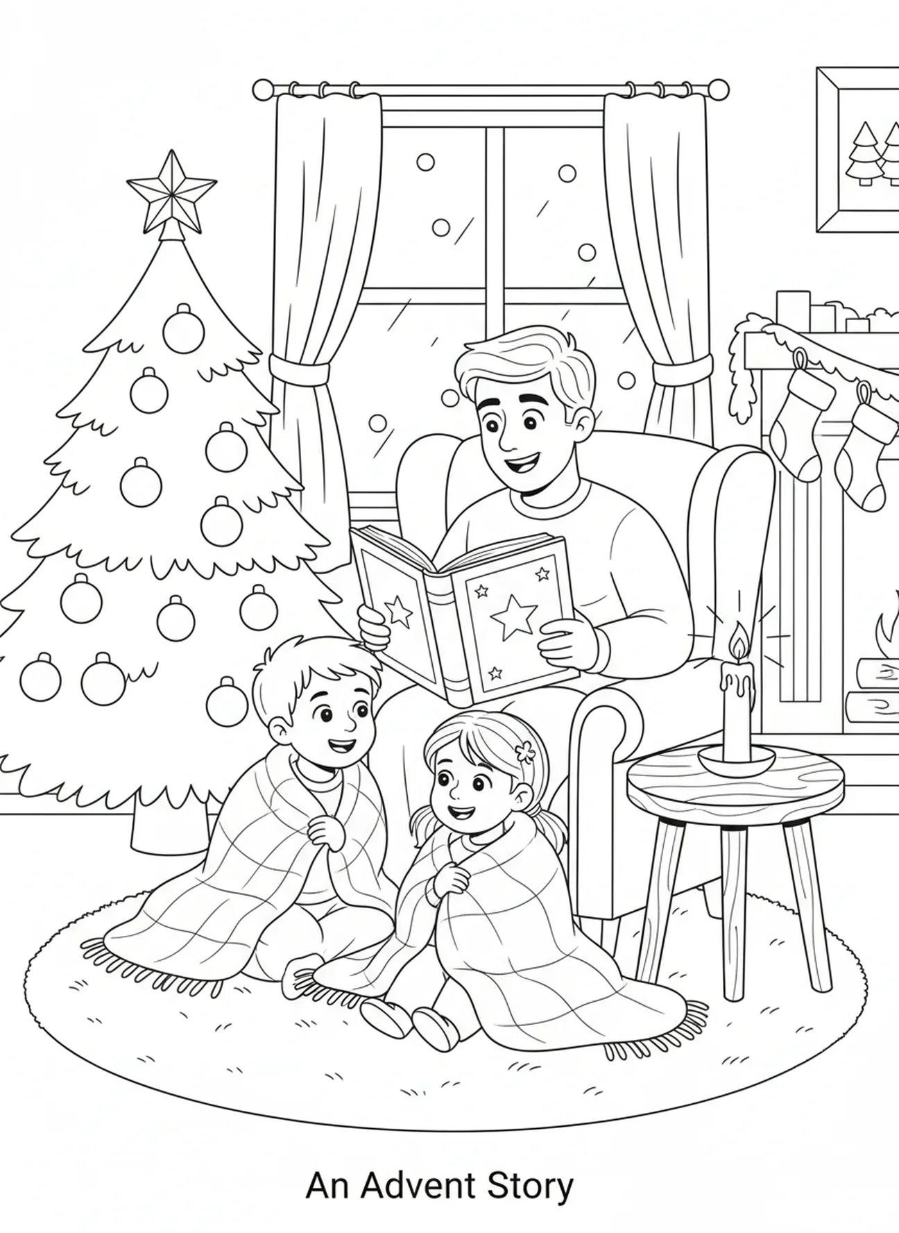Elternteil liest den Adventsgeschichte für Kinder, Ausmalbild zur zweiten Adventskerze für Kinder im Alter von 5-10 Jahren.