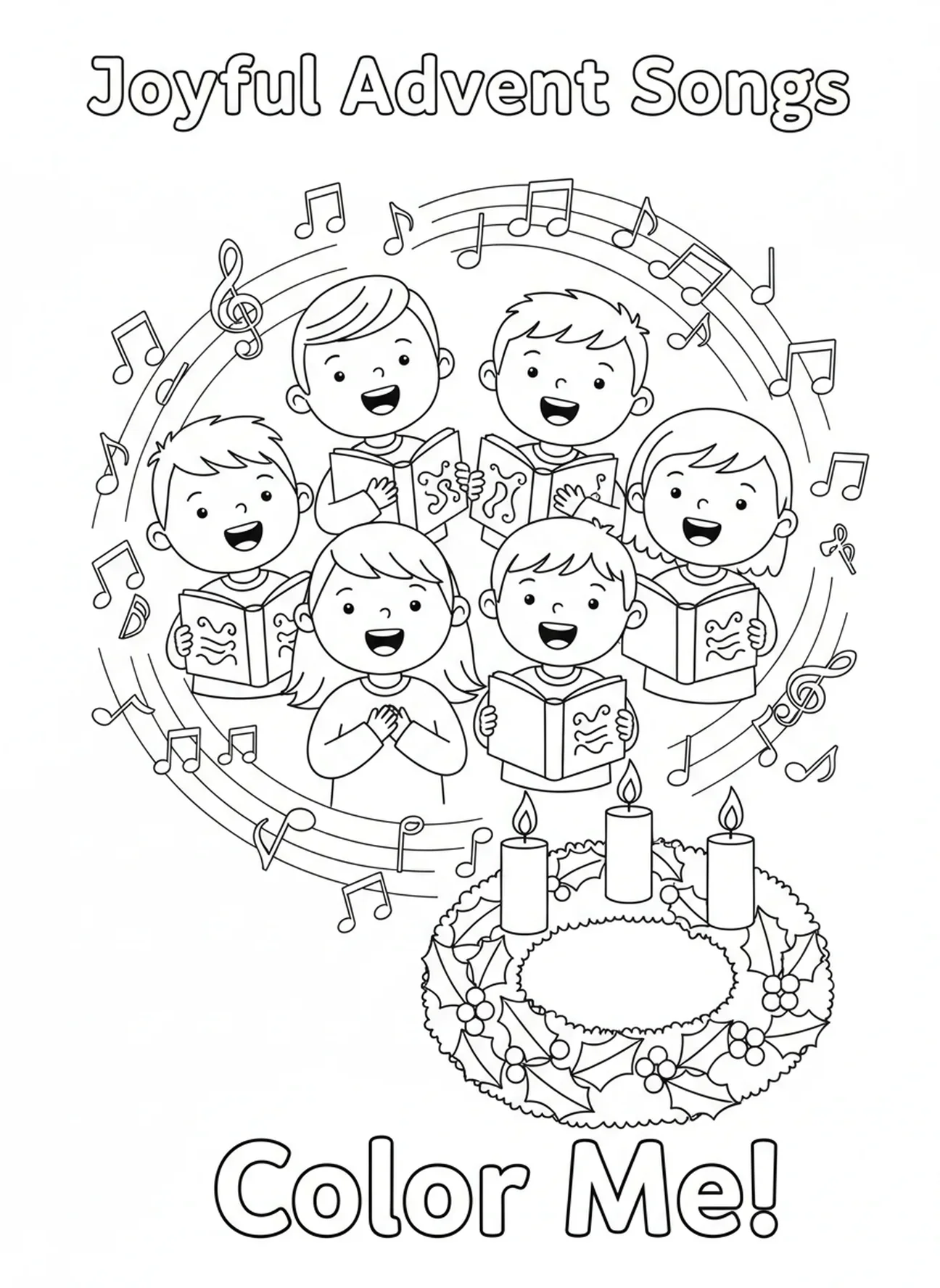 Gruppe von Kindern, die Adventslieder singen, Ausmalbild für die 2. Adventskerze für Kinder im Alter von 5-10 Jahren.