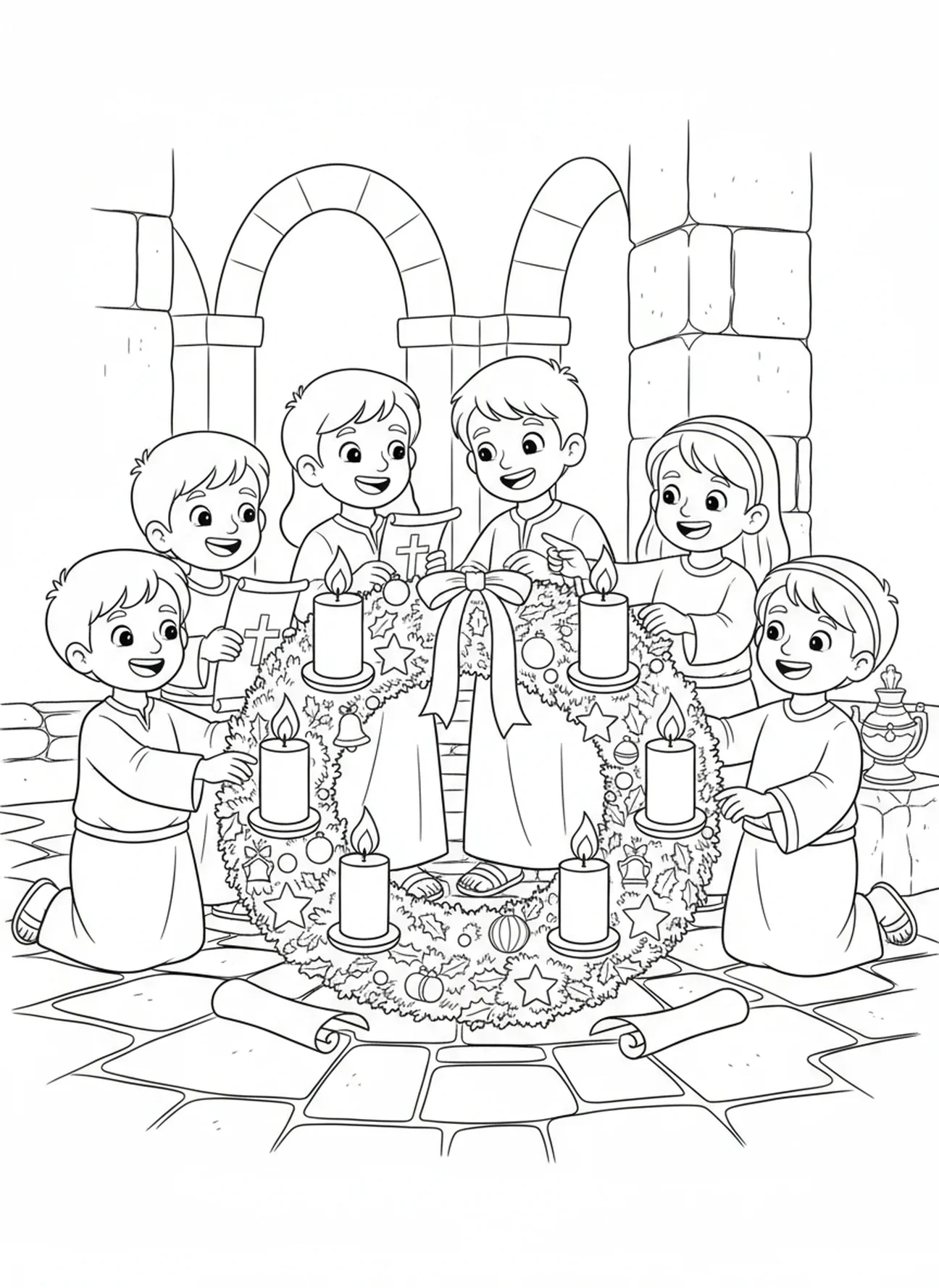 Crianças decorando a coroa do Advento, página de colorir da Semana 2 da Candeia do Advento para crianças da Escola Dominical de 5 a 12 anos.