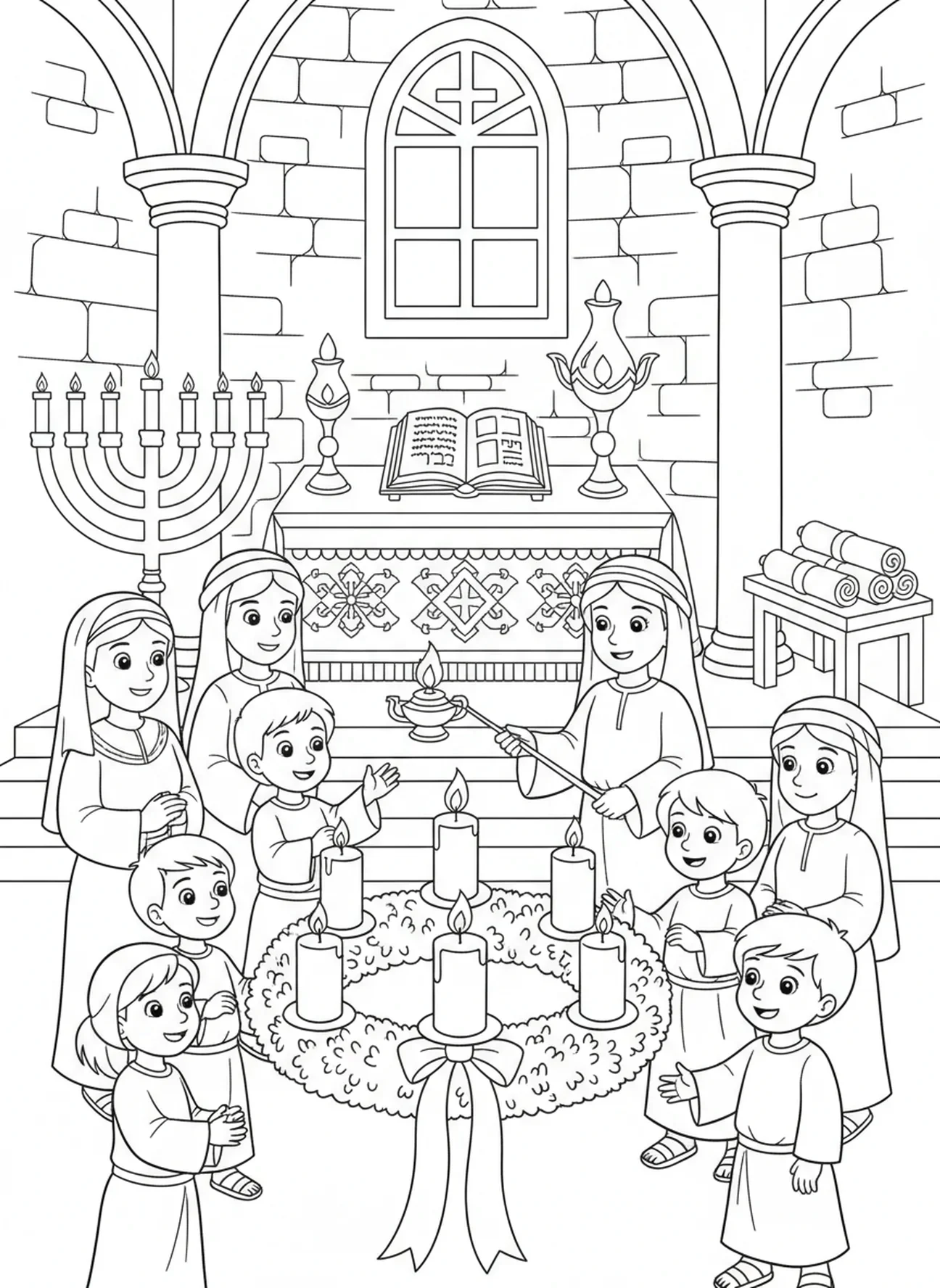Congregação acendendo velas, página de colorir da Semana 2 do Advento para crianças da Escola Dominical de 5 a 12 anos.